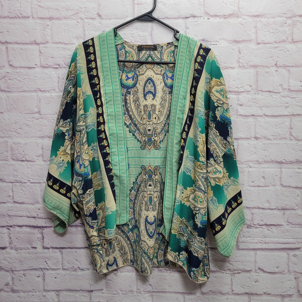 Renee C Paisley Kimono Silky Coverup XL Flowy Boho Festival Coquette Arty Summer